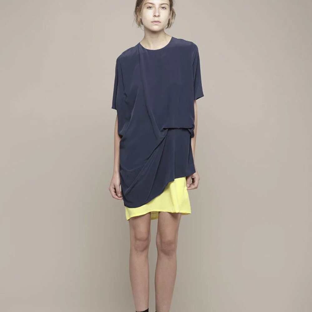 Acne Studios Mallory Dress Blue Yellow Silk Drape Front Keyhole Back 38 US 6
